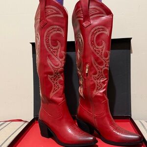 Wetkiss Red Embroidered Embellished Vegan Leather Cowboy Women's Western Boots